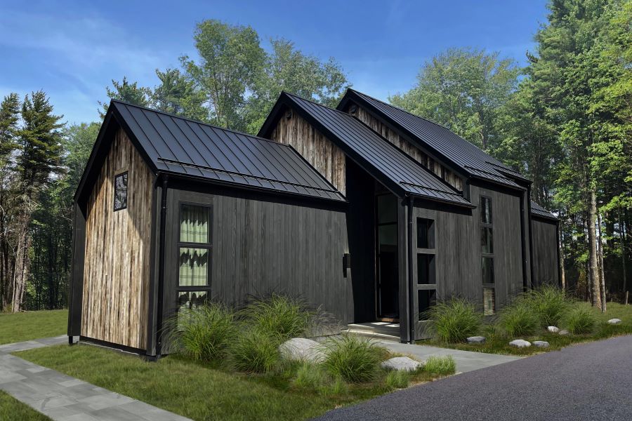 Cottage house, standing seam metal roof, accoya wood siding, char, cathedral ceiling, country living, vista, Marvin windows